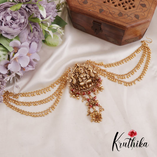 Premium Antique Lakshmi Jhumka Coral Jada Billa With Triple Strand Bead Chains J292