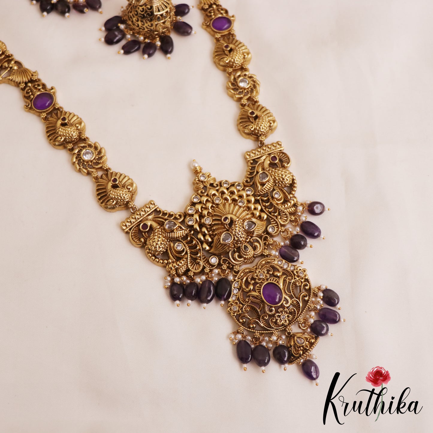 Premium Antique Nagas Peacock Motifs Haaram With Bead Drops LH2074 (Available In 3 Colors)