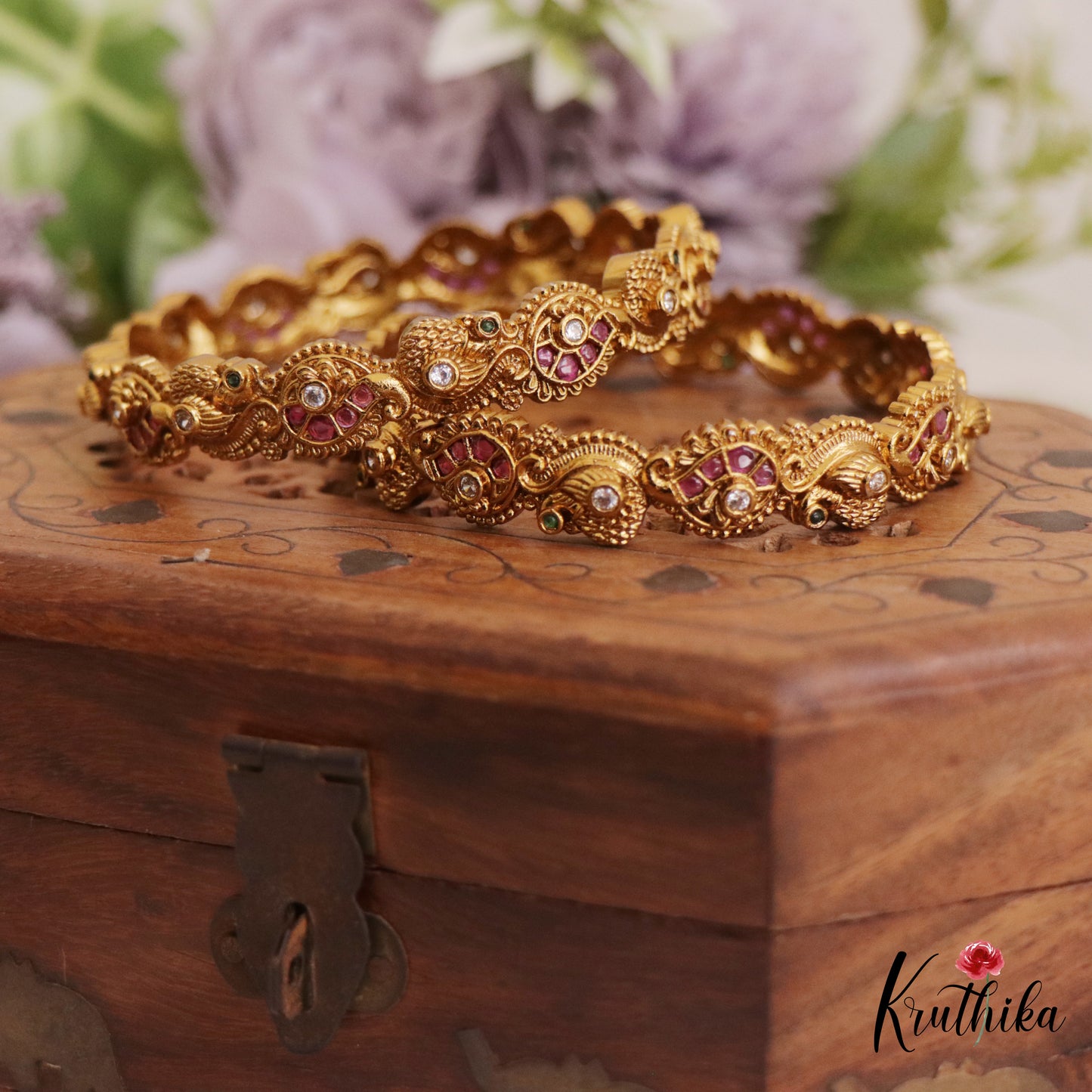 Gorgeous Antique Peacock Motifs Jadau Bangles B423 (Set Of 2)