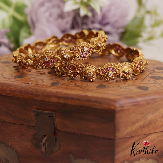 Gorgeous Antique Peacock Motifs Jadau Bangles B423 (Set Of 2)