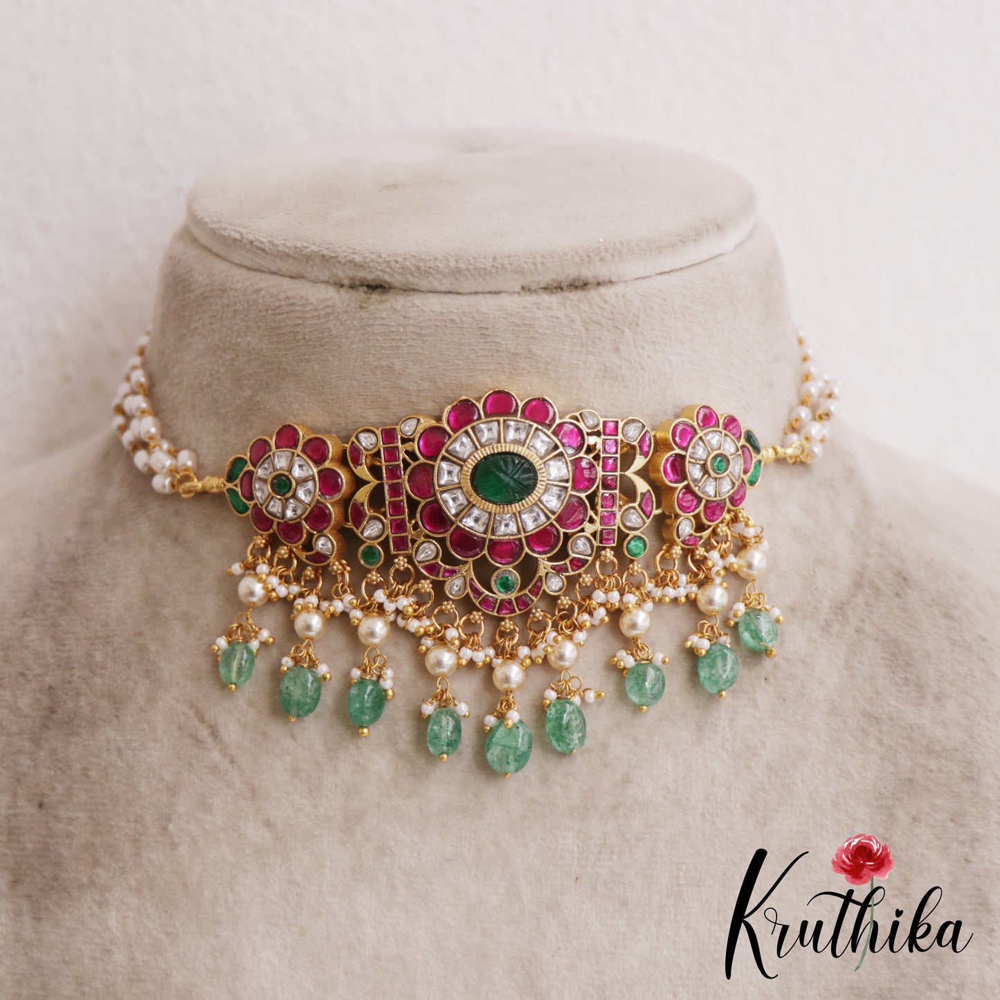 Gorgeous Floral Motifs Jadau Chocker With Triple Pearl Strand Chain NC2868