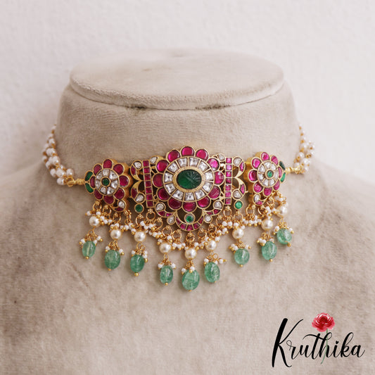 Gorgeous Floral Motifs Jadau Choker With Triple Pearl Strand Chain NC2868