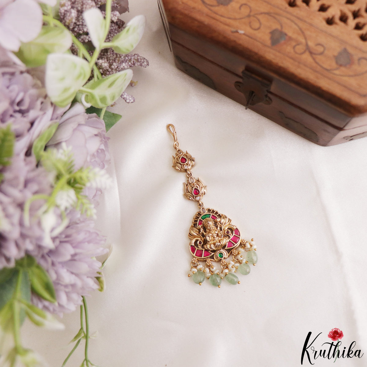 Classic Antique Lakshmi Peacock Motifs Jadau Maang Tikka With Pearl Bead Drops MT406 (Available In 4 Colors)