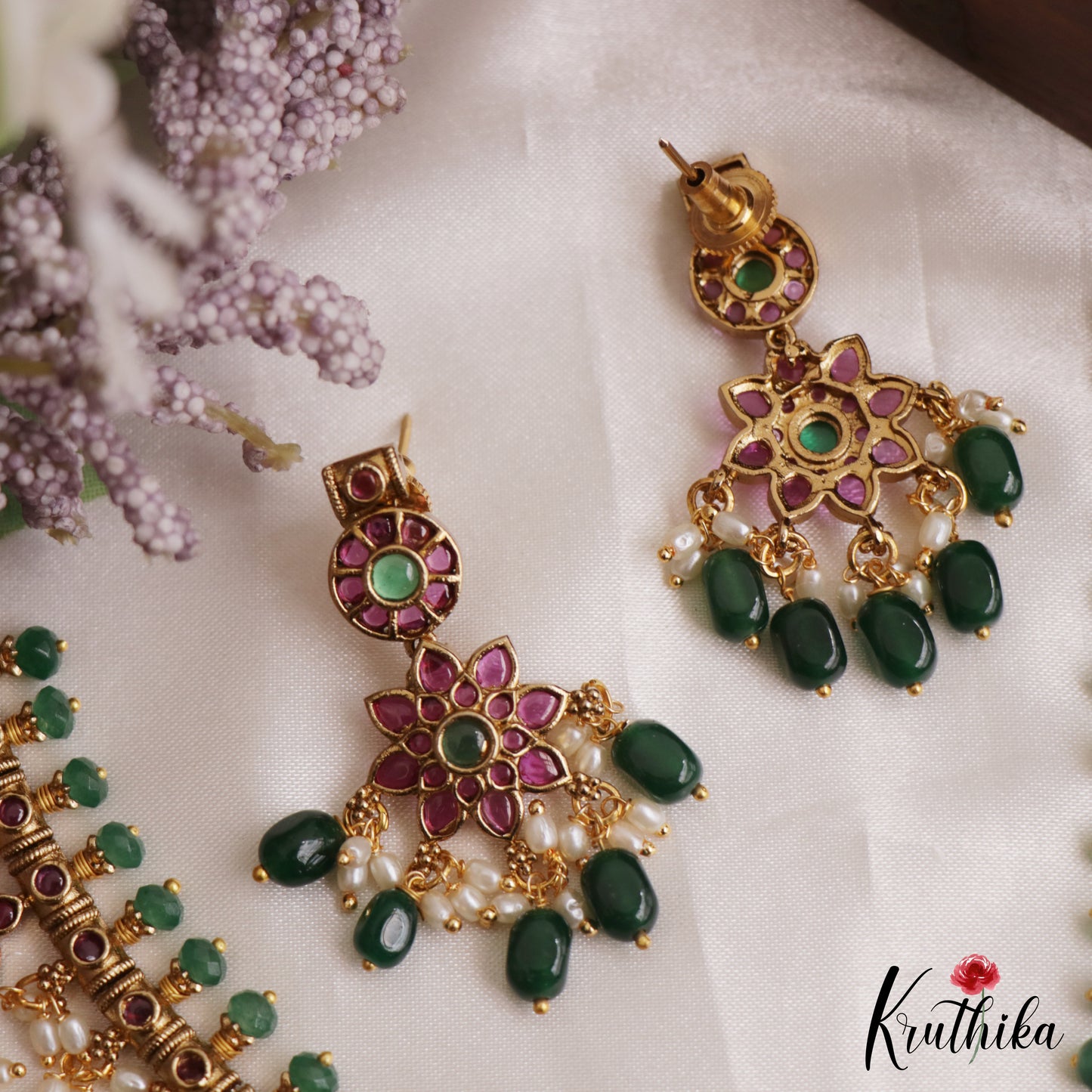 Premium Floral Peacock Motifs Jadau Necklace With Green Bead Drops NC3132 (Available In 2 Colors)