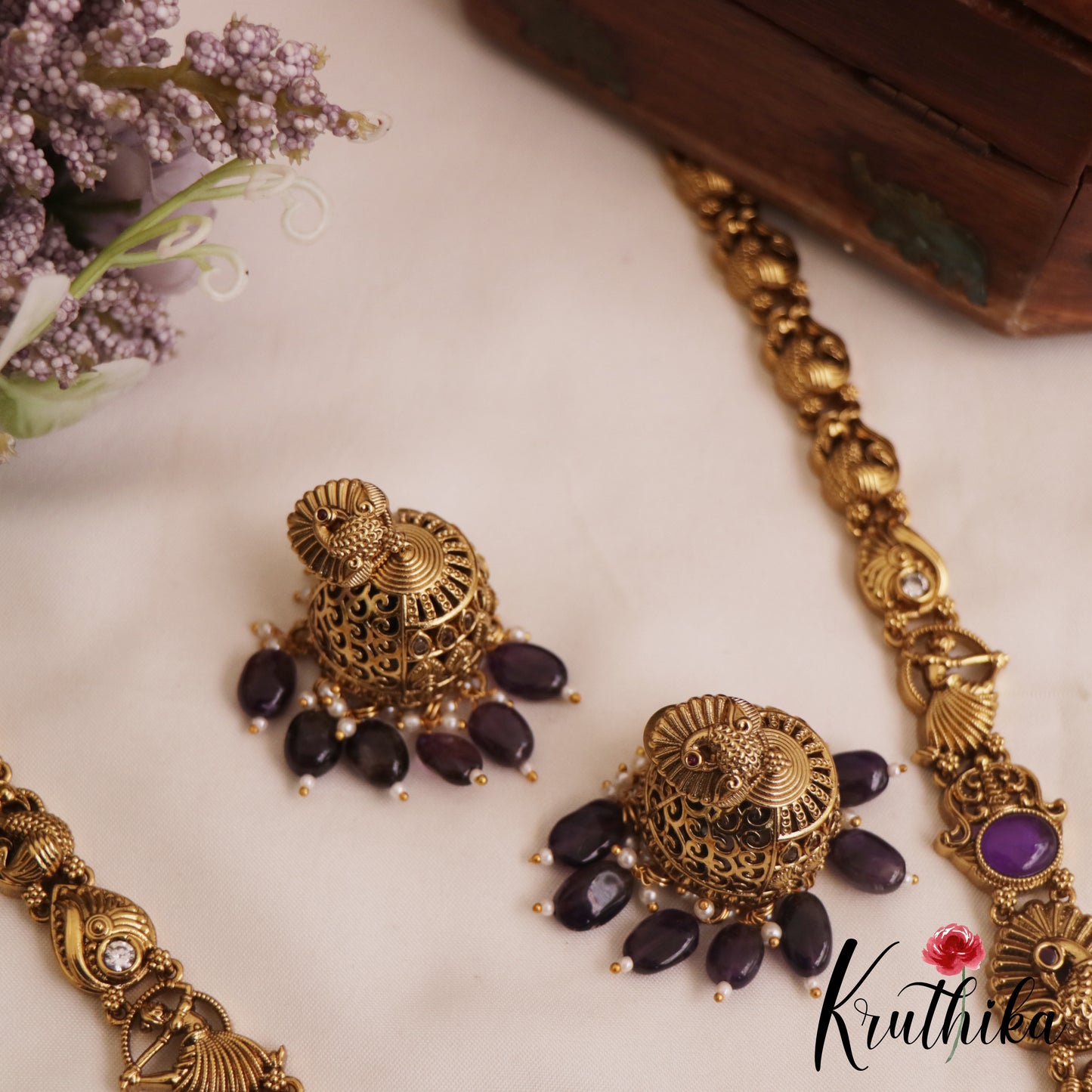 Premium Antique Nagas Peacock Motifs Haaram With Bead Drops LH2074 (Available In 3 Colors)