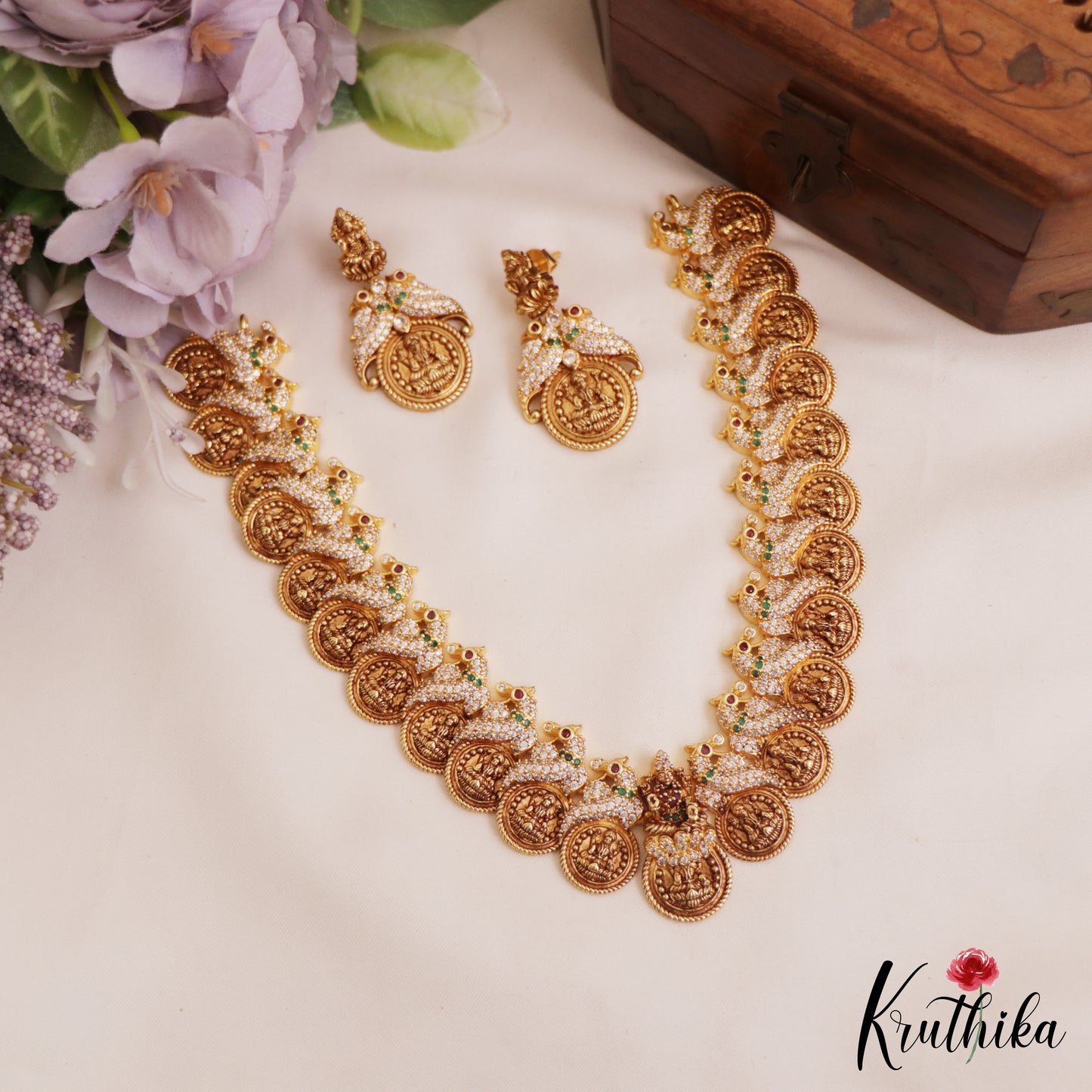 Gorgeous AD Antique Lakshmi Peacock Motifs Kasu Mala Necklace NC2767