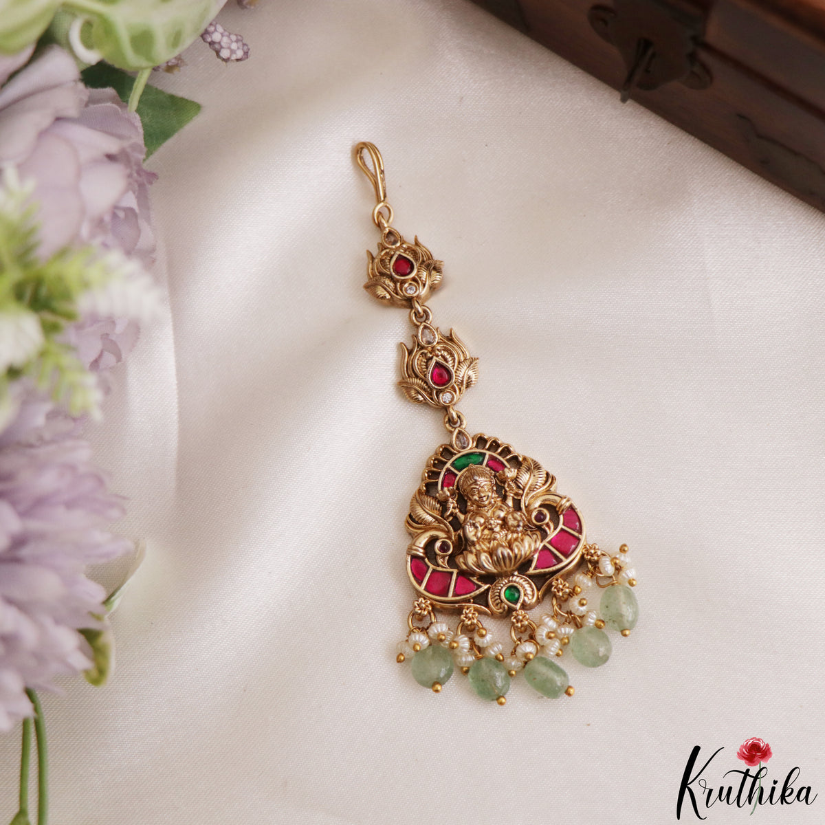 Classic Antique Lakshmi Peacock Motifs Jadau Maang Tikka With Pearl Bead Drops MT406 (Available In 4 Colors)