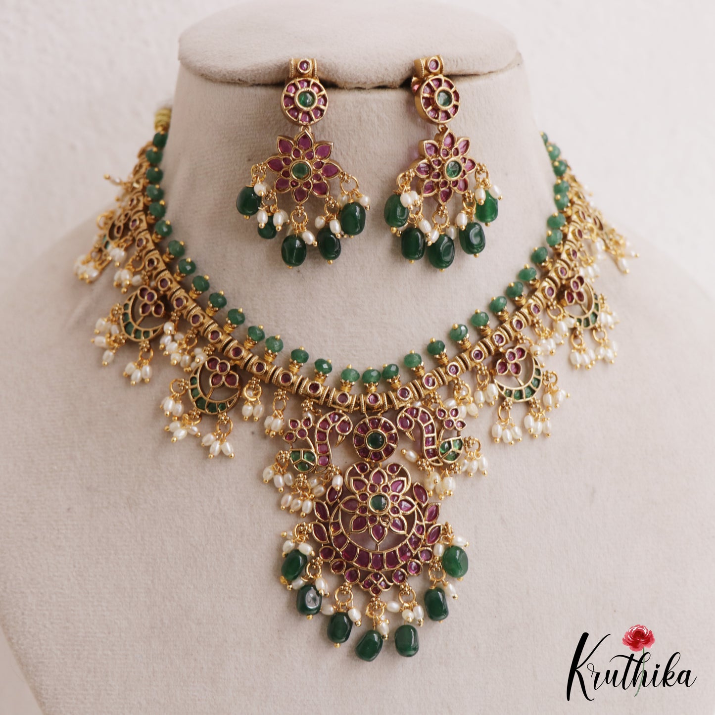 Premium Floral Peacock Motifs Jadau Necklace With Green Bead Drops NC3132 (Available In 2 Colors)
