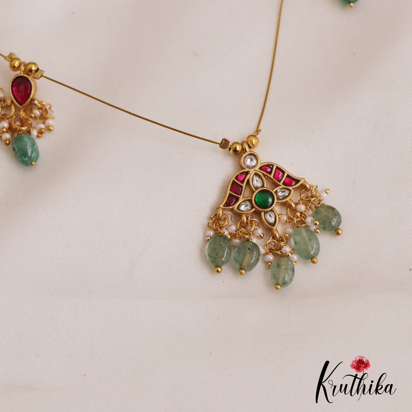 Trendy Floral Motifs Jadau Invisible Chain With Beads Drops NC2717