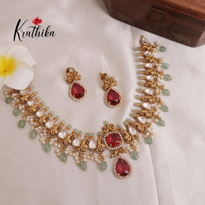 Pre order-Elegant Peacock Victorian Moissanaite Stones Necklace with Pastel Green Beads NC1940-Pre order booking 25 to 30 days