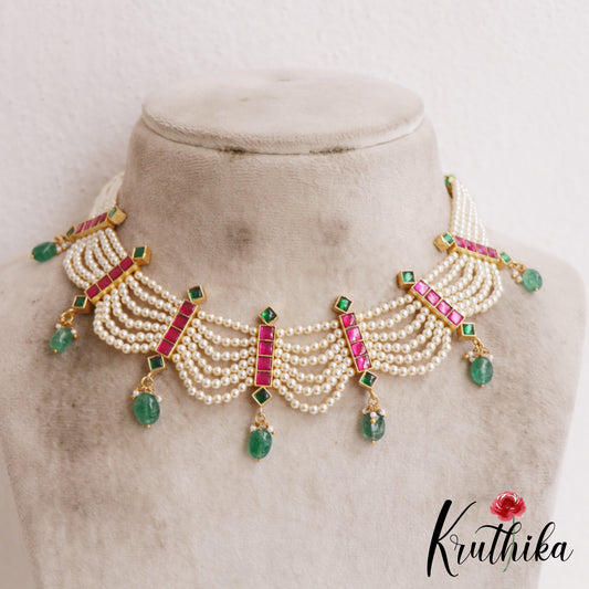 Beautiful Multi Pearl Strand Jadau Choker With Green Bead Drops NC2878