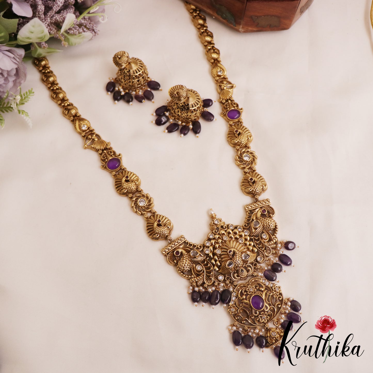 Premium Antique Nagas Peacock Motifs Haaram With Bead Drops LH2074 (Available In 3 Colors)