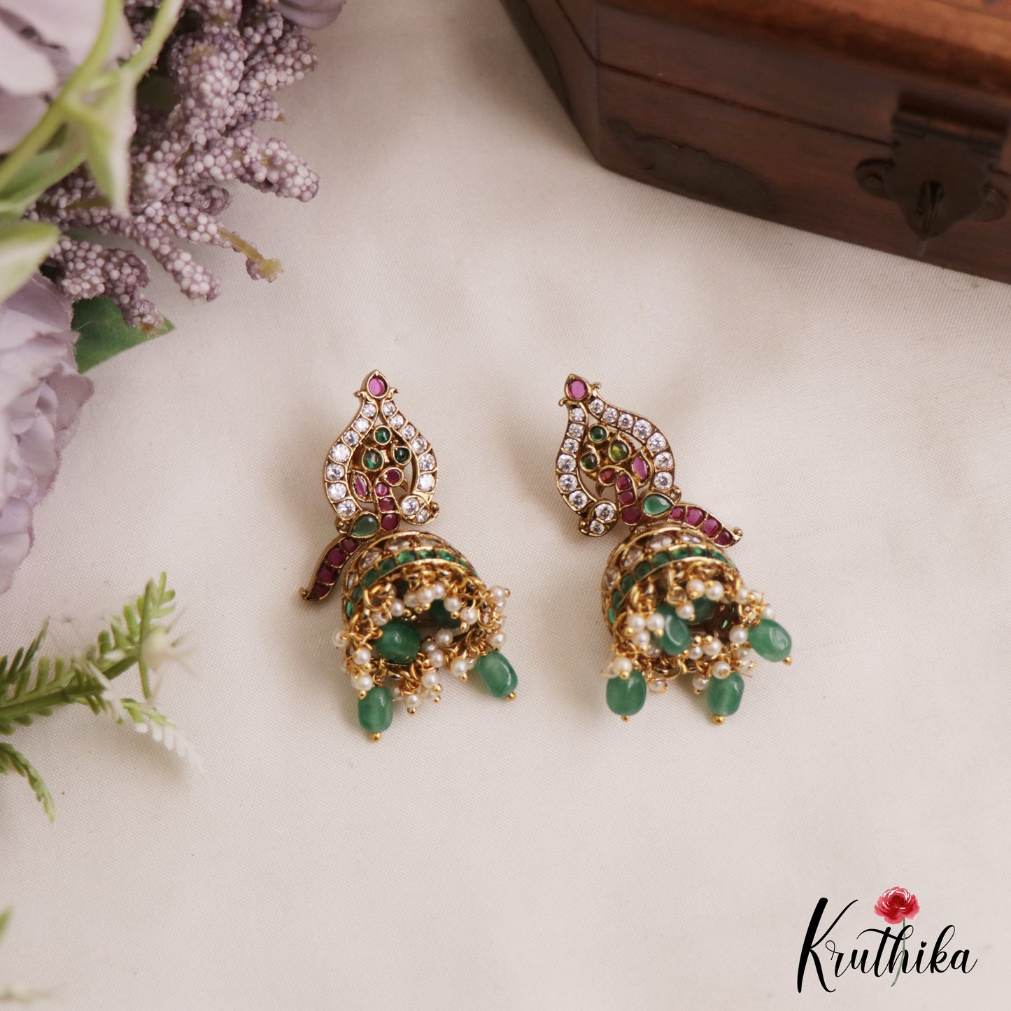 Elegant Peacock Motifs Kemp Jhumkas With Pearl Bead Drops E1128 (Available In 2 Colors)