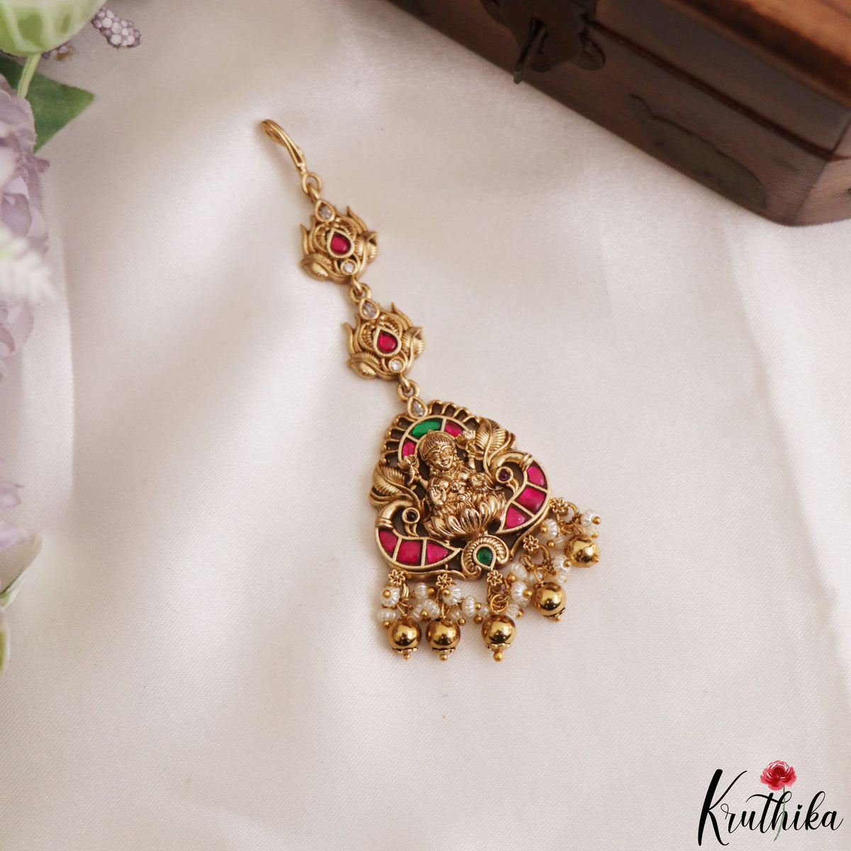 Classic Antique Lakshmi Peacock Motifs Jadau Maang Tikka With Pearl Bead Drops MT406 (Available In 4 Colors)