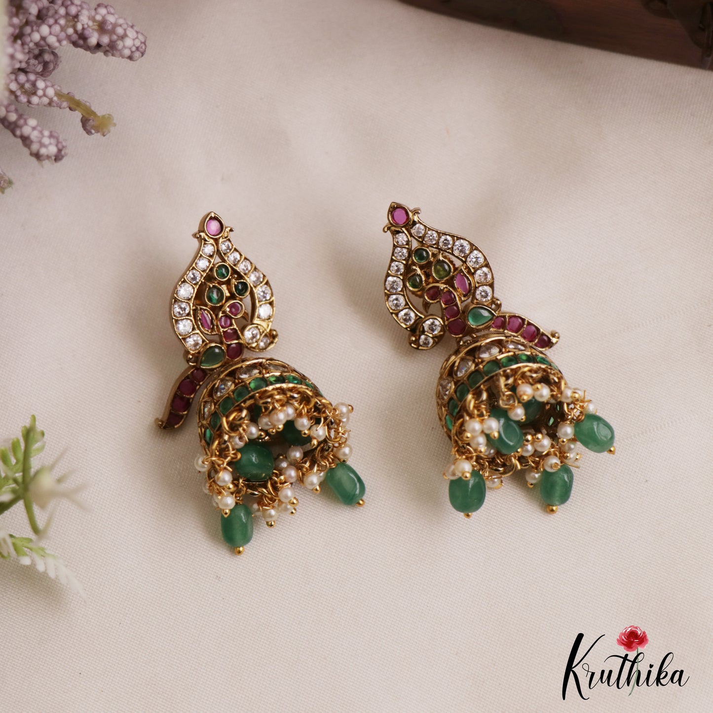 Elegant Peacock Motifs Kemp Jhumkas With Pearl Bead Drops E1128 (Available In 2 Colors)
