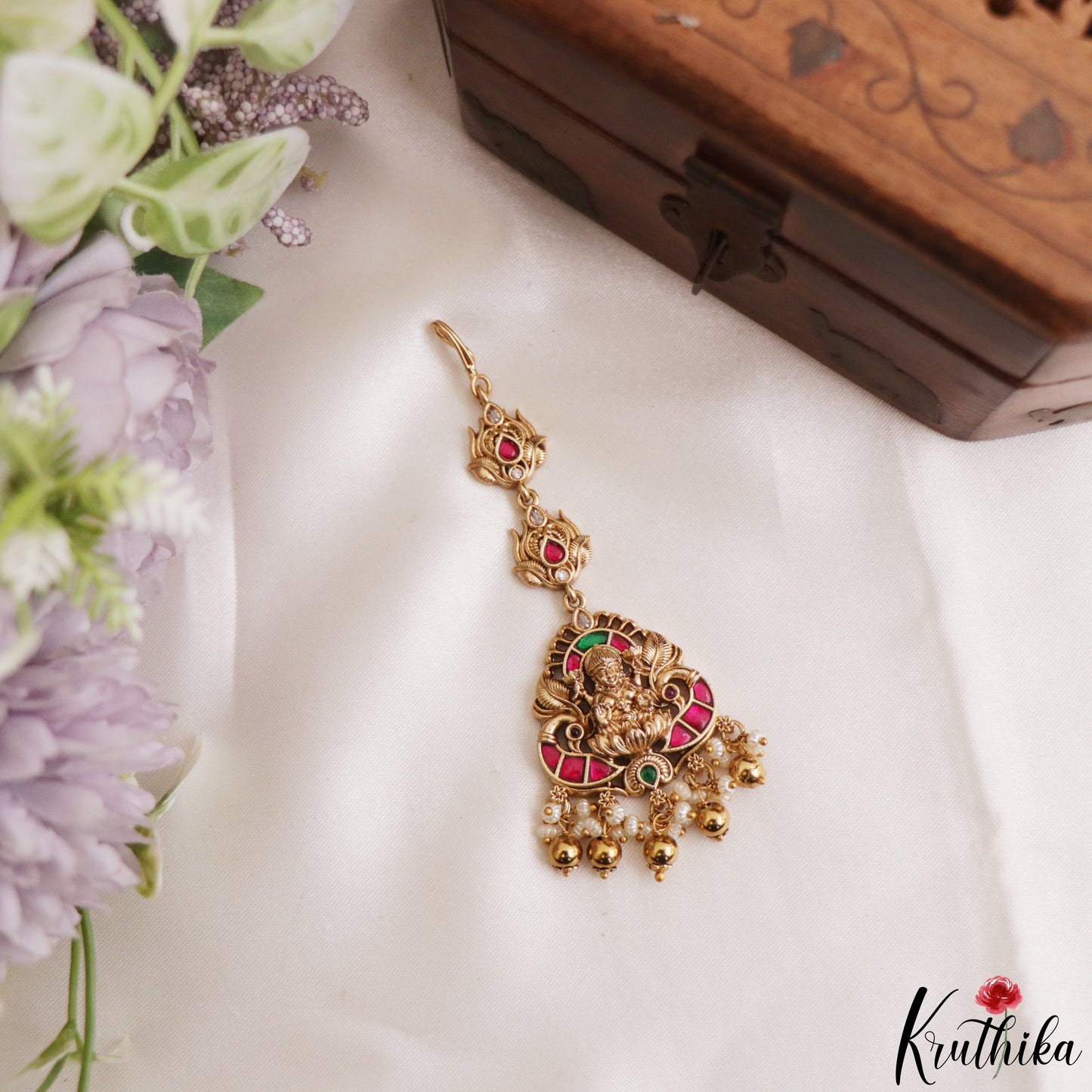 Classic Antique Lakshmi Peacock Motifs Jadau Maang Tikka With Pearl Bead Drops MT406 (Available In 4 Colors)