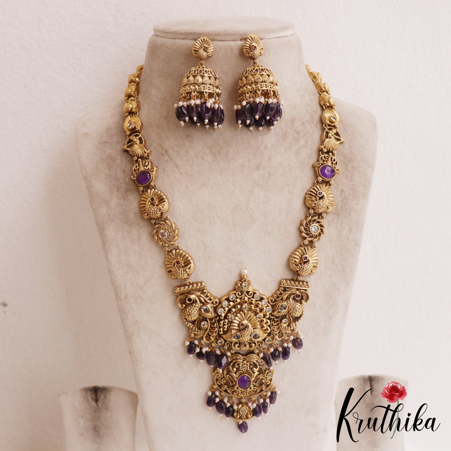 Premium Antique Nagas Peacock Motifs Haaram With Bead Drops LH2074 (Available In 3 Colors)