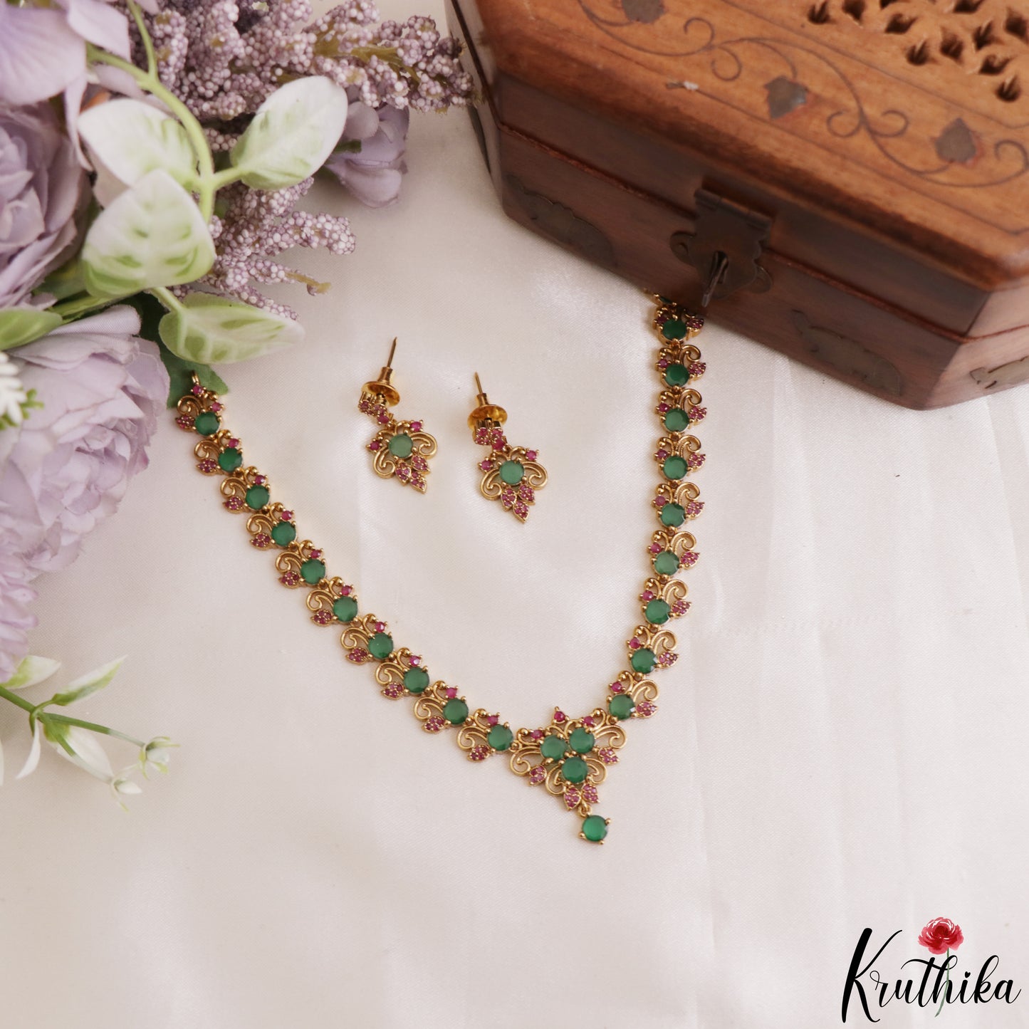 Elegant Floral Motifs Gold-Tone CZ Necklace NC3224 (Available In 3 Colors)