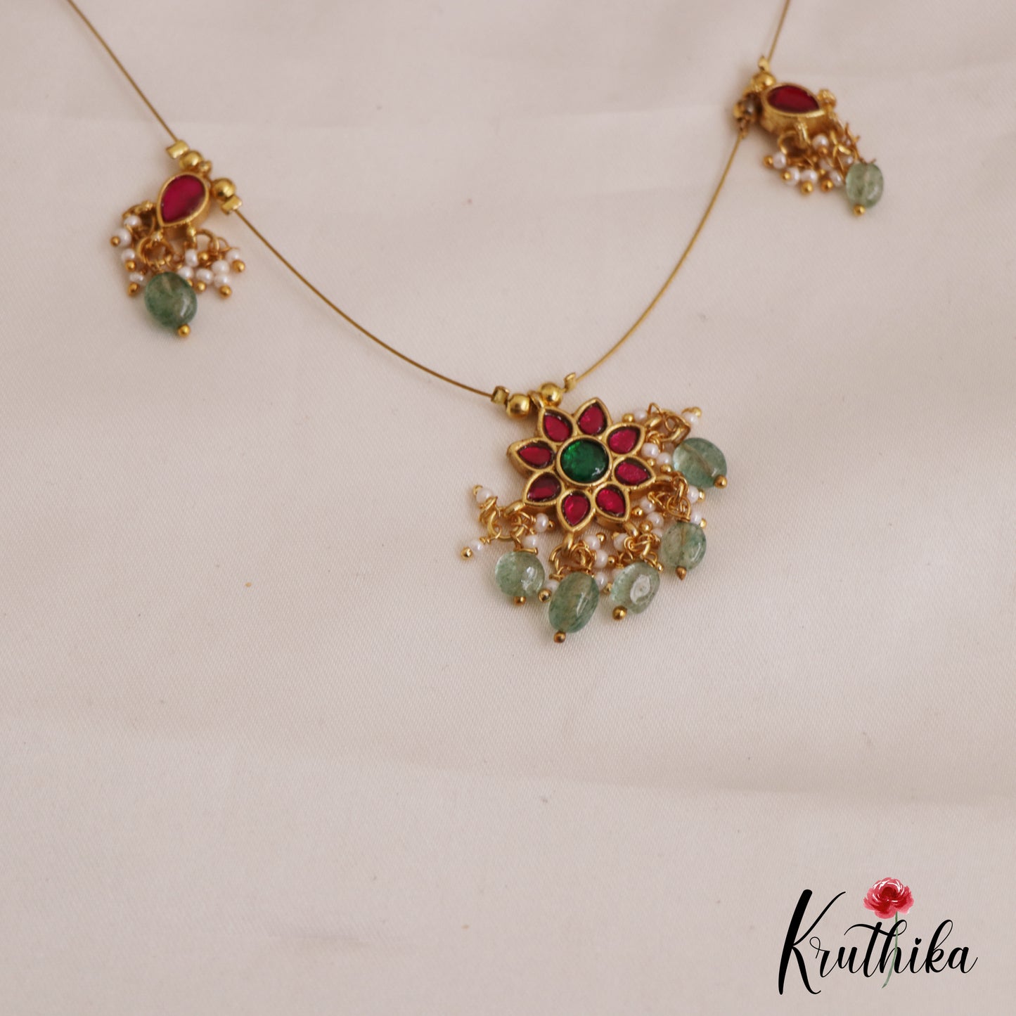 Elegant Jadau Invisible Chain Floral Pendant With Green Bead Drops NC2716