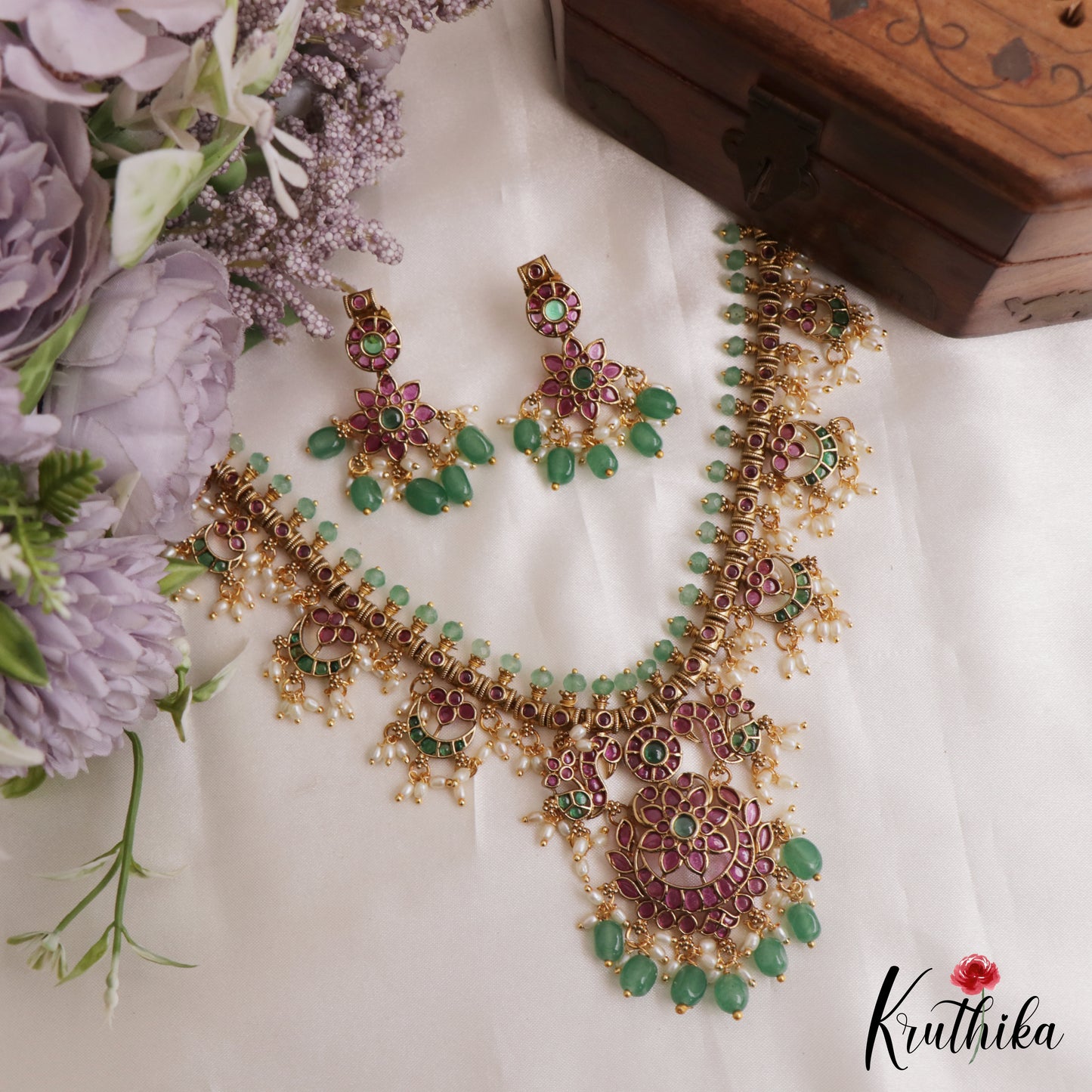 Premium Floral Peacock Motifs Jadau Necklace With Green Bead Drops NC3132 (Available In 2 Colors)