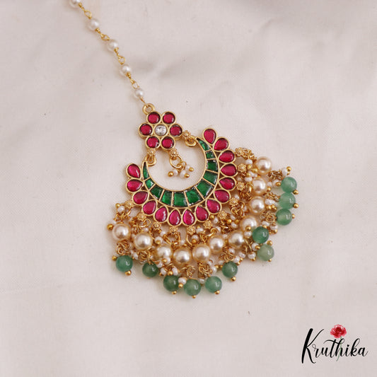 Stunning Floral Motifs Jadau Maang Tikka With Pearl And Bead Drops MT357