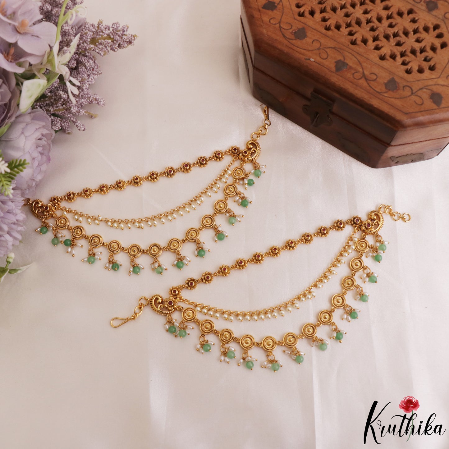 Elegant Geometric Floral Motifs Multi Strand Earchains With Green Bead Drops EC228