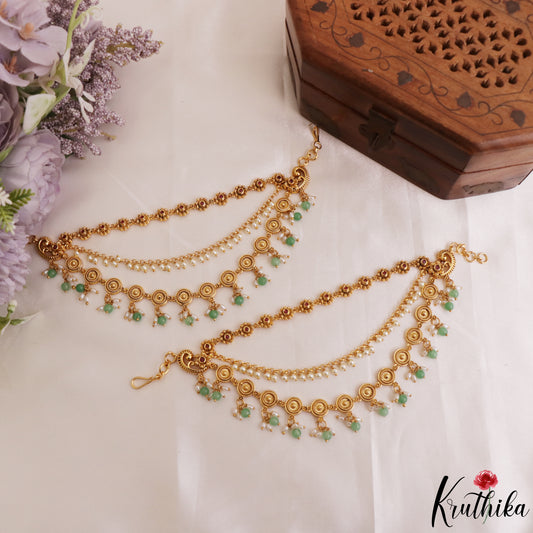 Elegant Geometric Floral Motifs Multi Strand Earchains With Green Bead Drops EC228