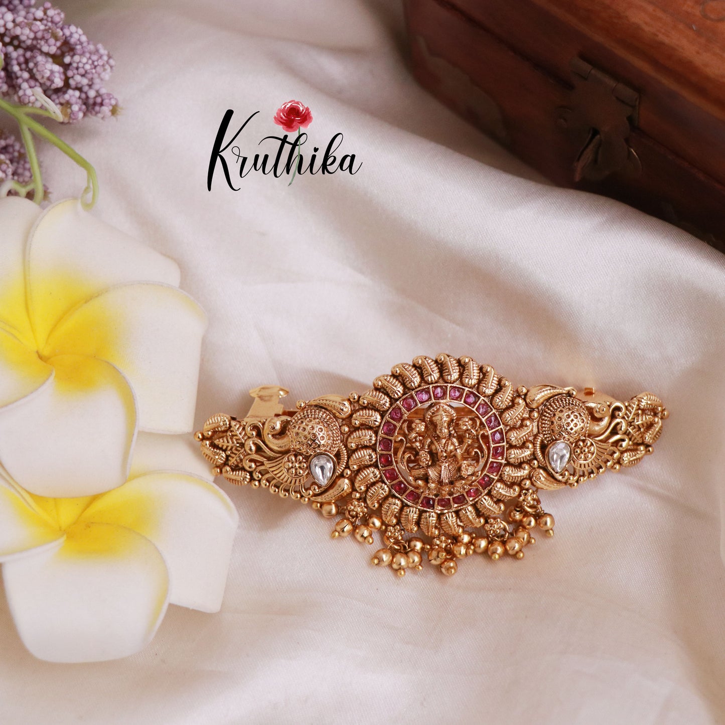 Premium AD Temple Lakshmi Peacock Hair Clip with Golden Beads J173