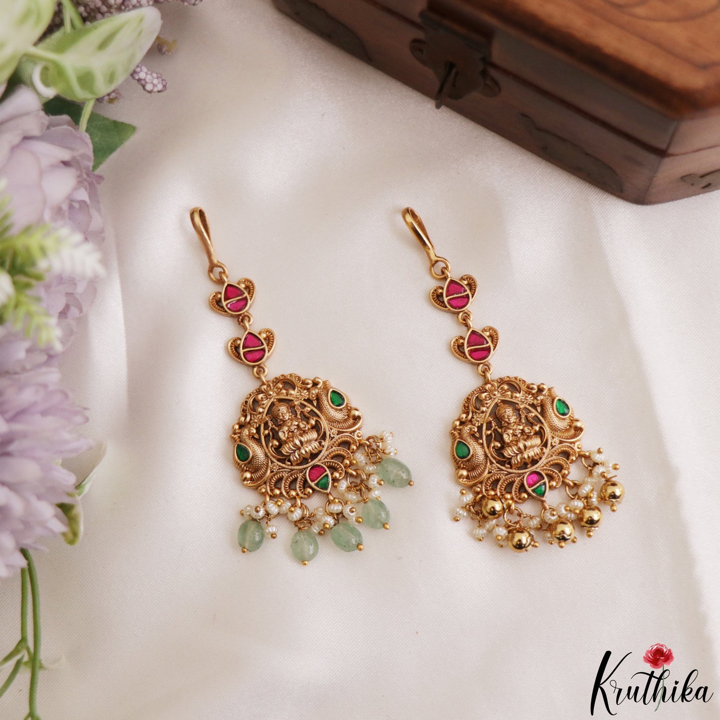 Classic Antique Lakshmi Peacock Motifs Jadau Maang Tikka With Pearl Bead Drops MT402 (Available In 4 Colors)
