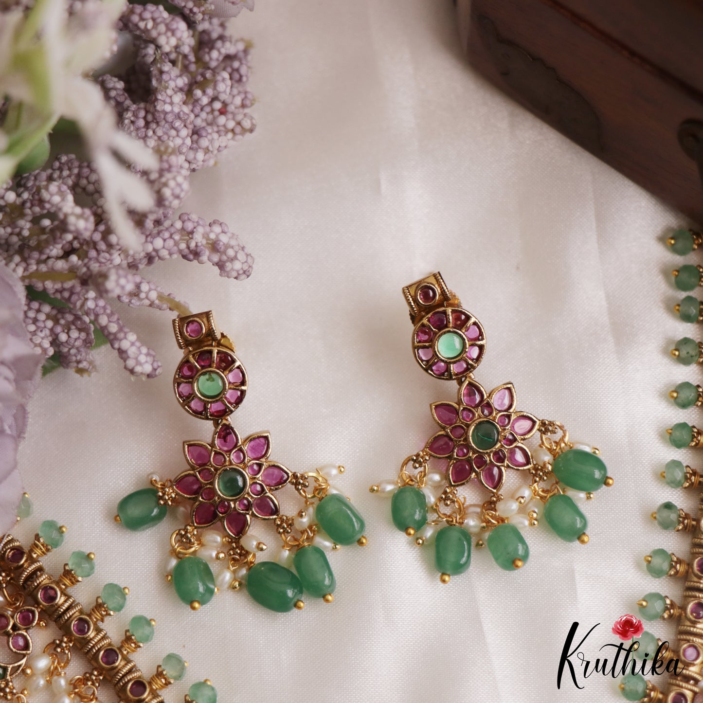 Premium Floral Peacock Motifs Jadau Necklace With Green Bead Drops NC3132 (Available In 2 Colors)