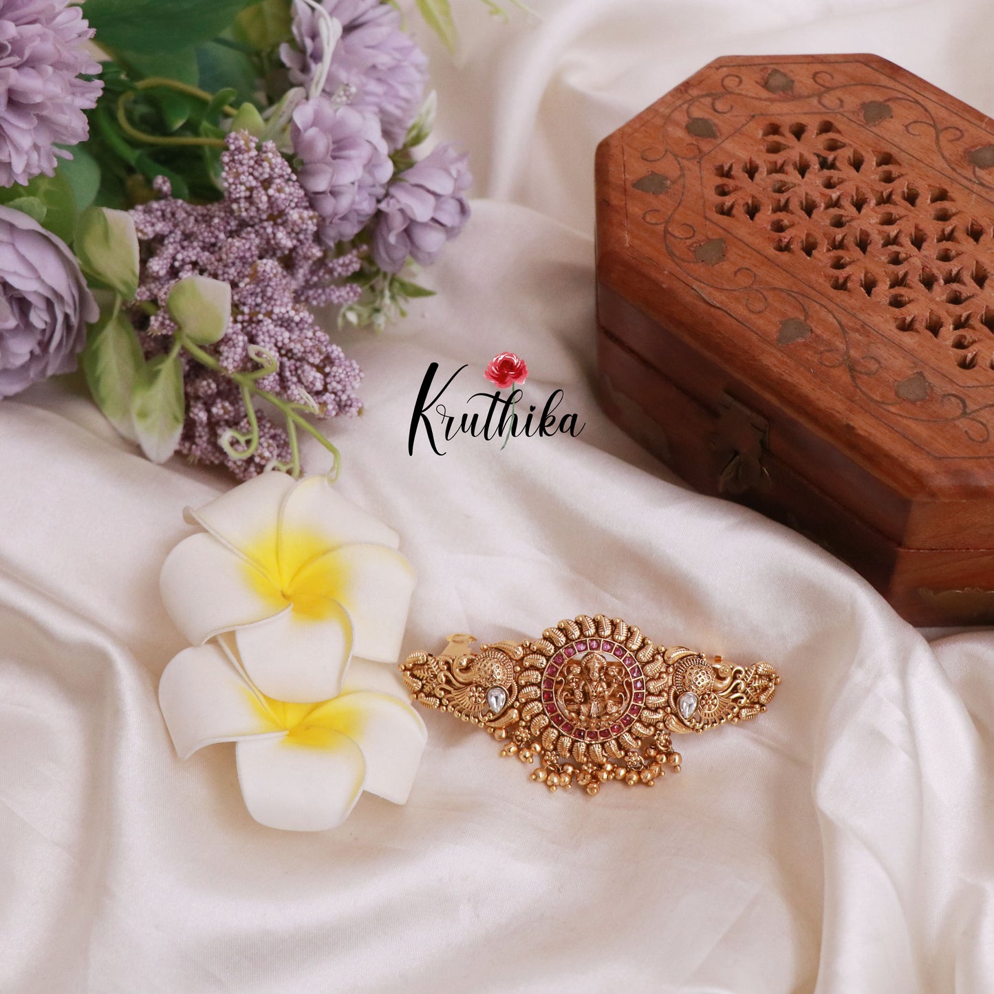 Premium AD Temple Lakshmi Peacock Hair Clip with Golden Beads J173