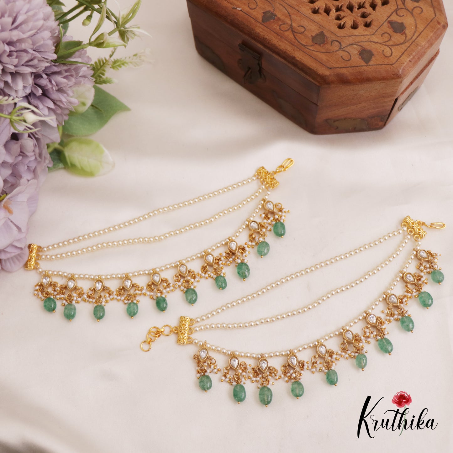 Elegant AD Teardrop Motifs Multi Strand Earchains With Green Bead Drops EC200