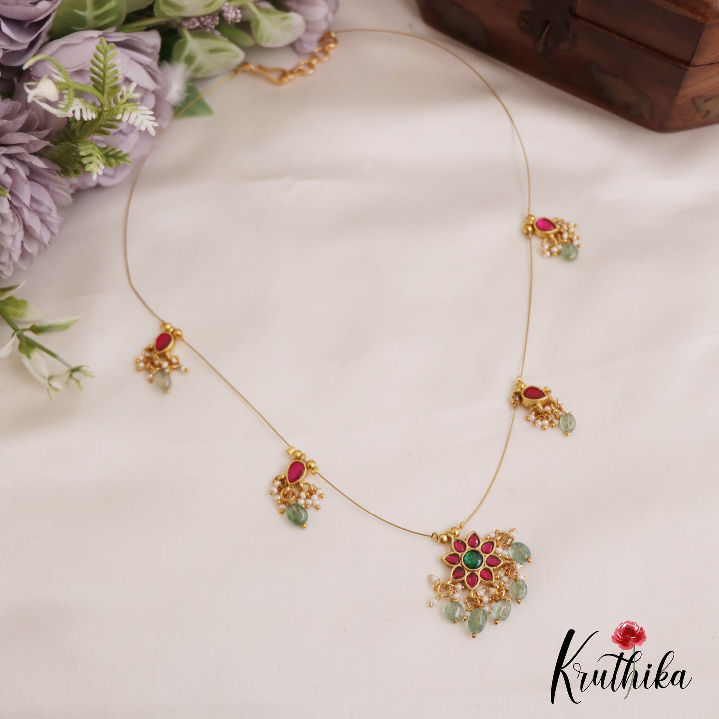 Elegant Jadau Invisible Chain Floral Pendant With Green Bead Drops NC2716