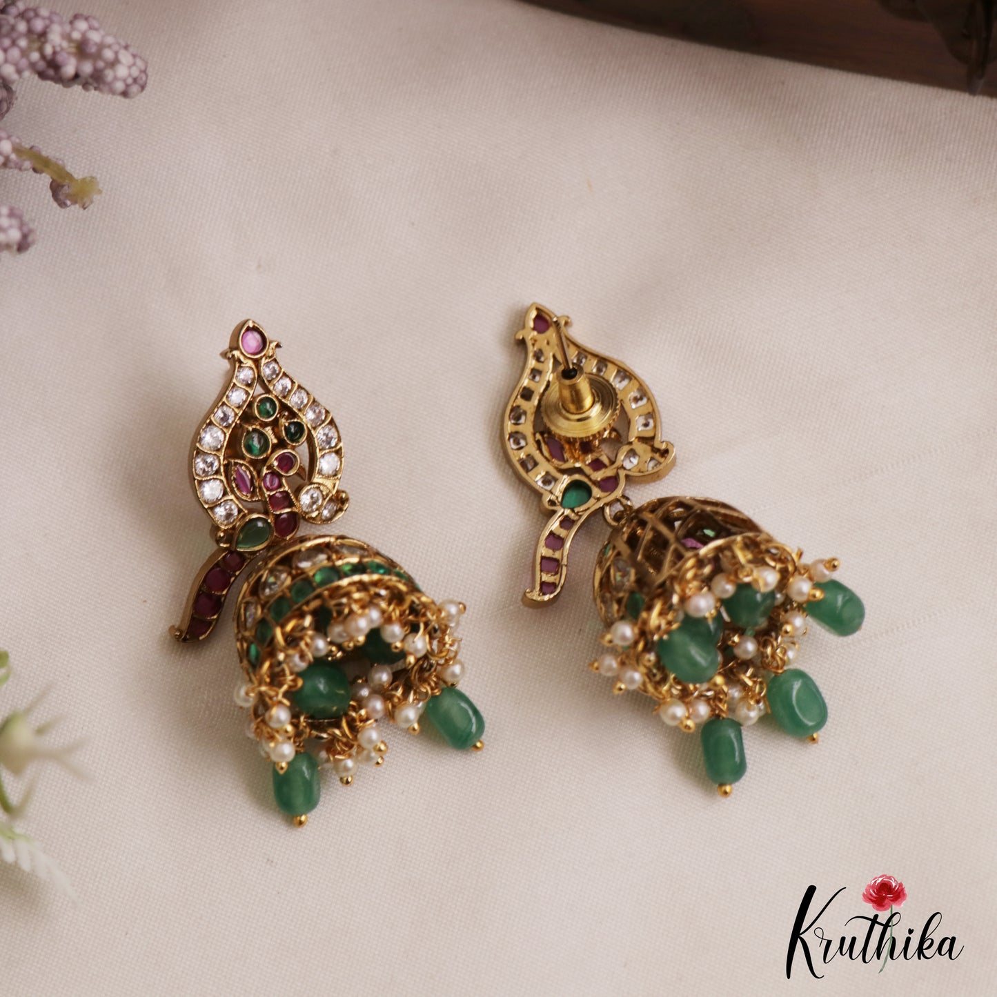 Elegant Peacock Motifs Kemp Jhumkas With Pearl Bead Drops E1128 (Available In 2 Colors)