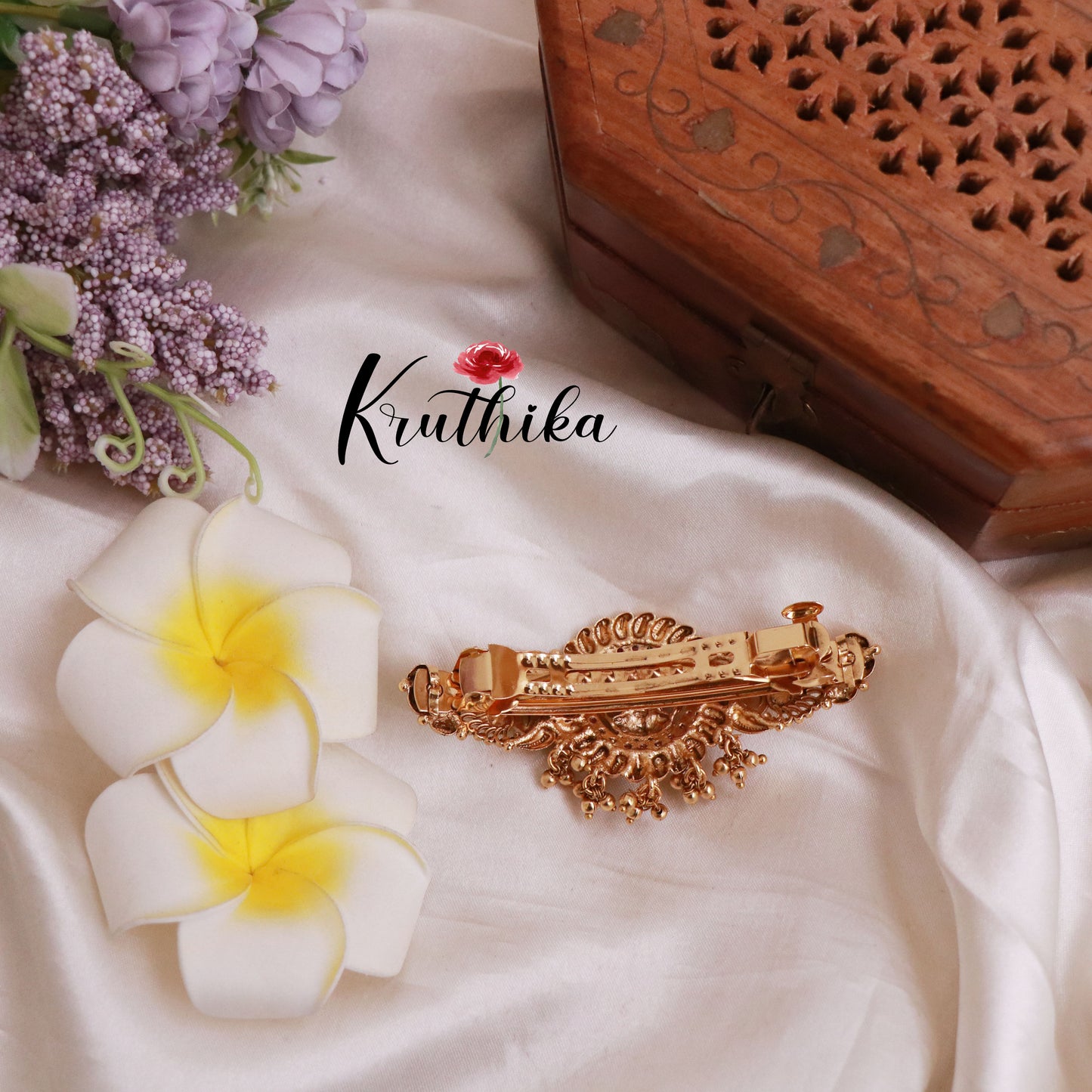 Premium AD Temple Lakshmi Peacock Hair Clip with Golden Beads J173
