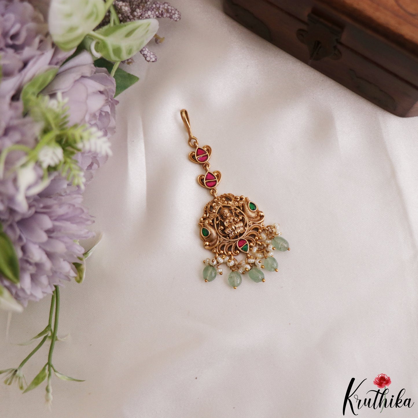 Classic Antique Lakshmi Peacock Motifs Jadau Maang Tikka With Pearl Bead Drops MT402 (Available In 4 Colors)