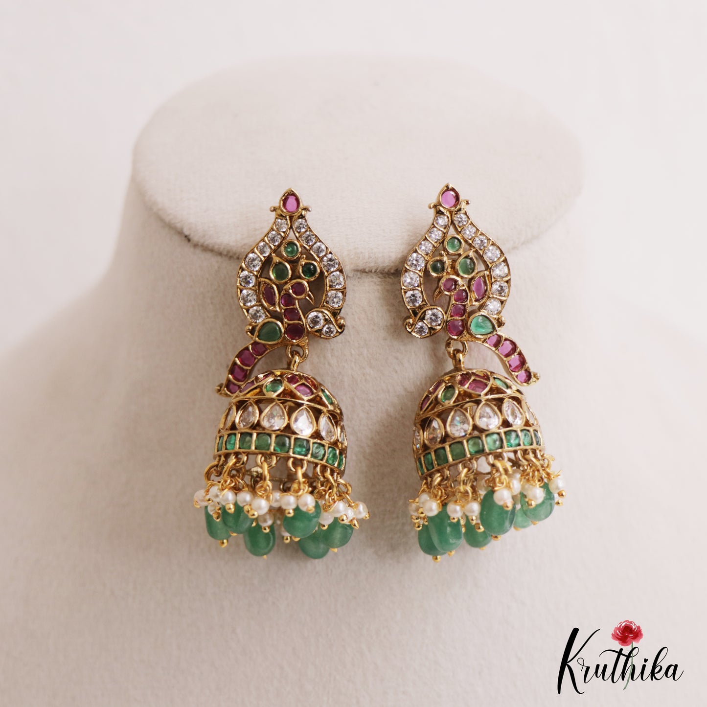 Elegant Peacock Motifs Kemp Jhumkas With Pearl Bead Drops E1128 (Available In 2 Colors)