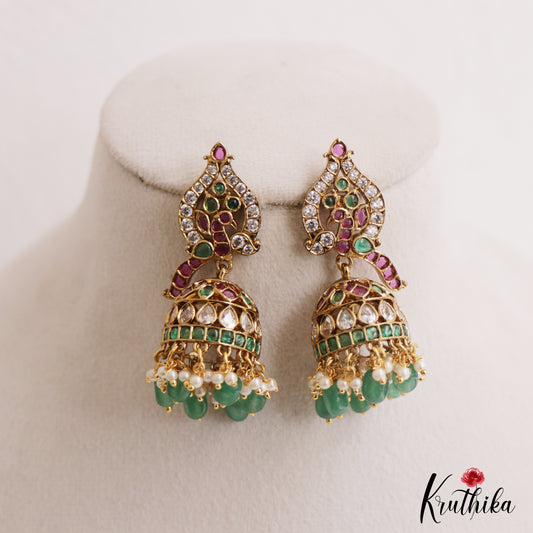 Elegant Peacock Motifs Kemp Jhumkas With Pearl Bead Drops E1128 (Available In 2 Colors)
