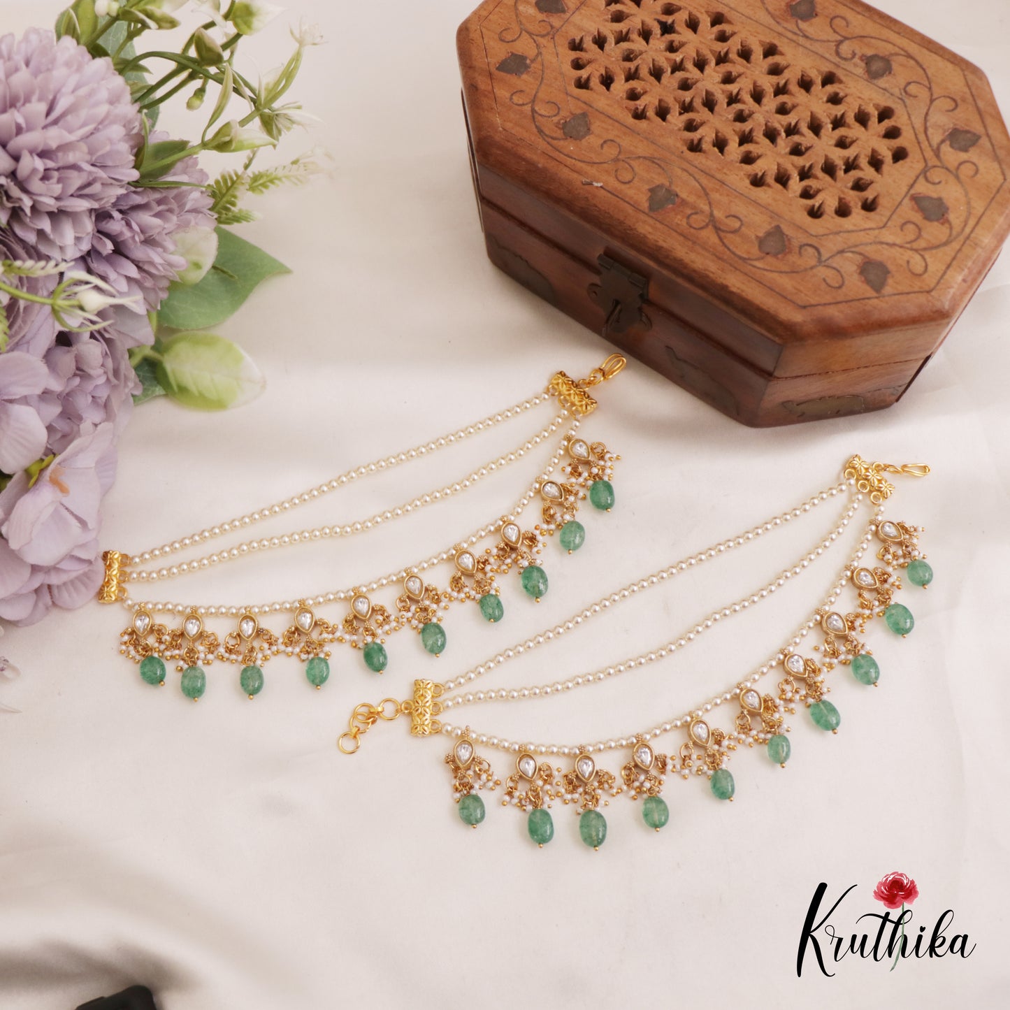 Elegant AD Teardrop Motifs Multi Strand Earchains With Green Bead Drops EC200