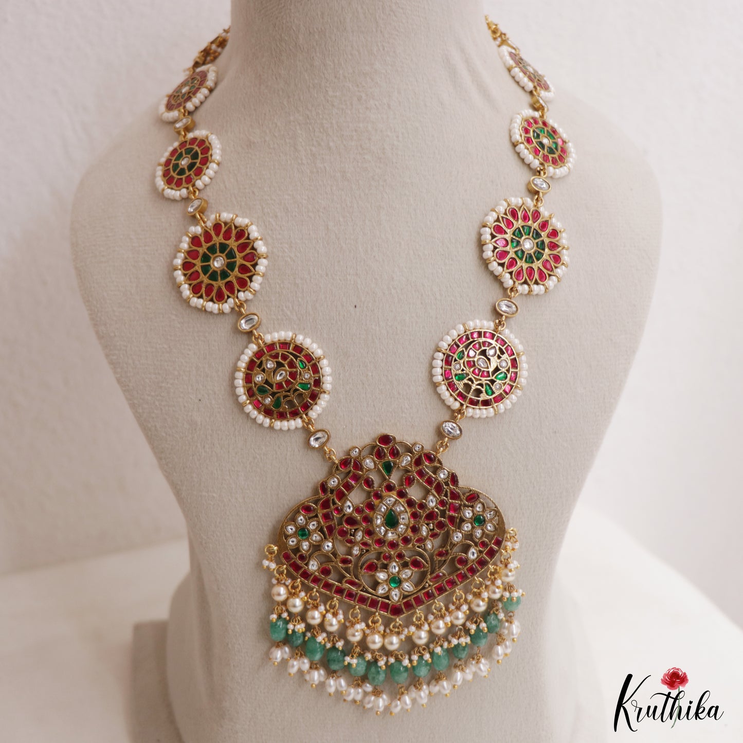 Gorgeous Floral Peacock Motifs Jadau Haaram With Green Bead Drops LH2118
