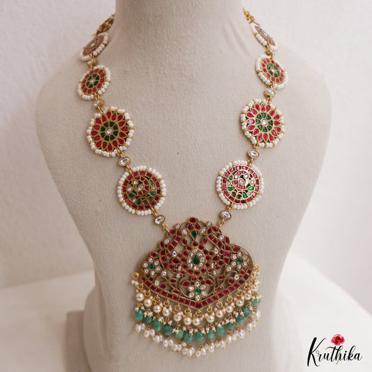 Gorgeous Floral Peacock Motifs Jadau Haaram With Green Bead Drops LH2118