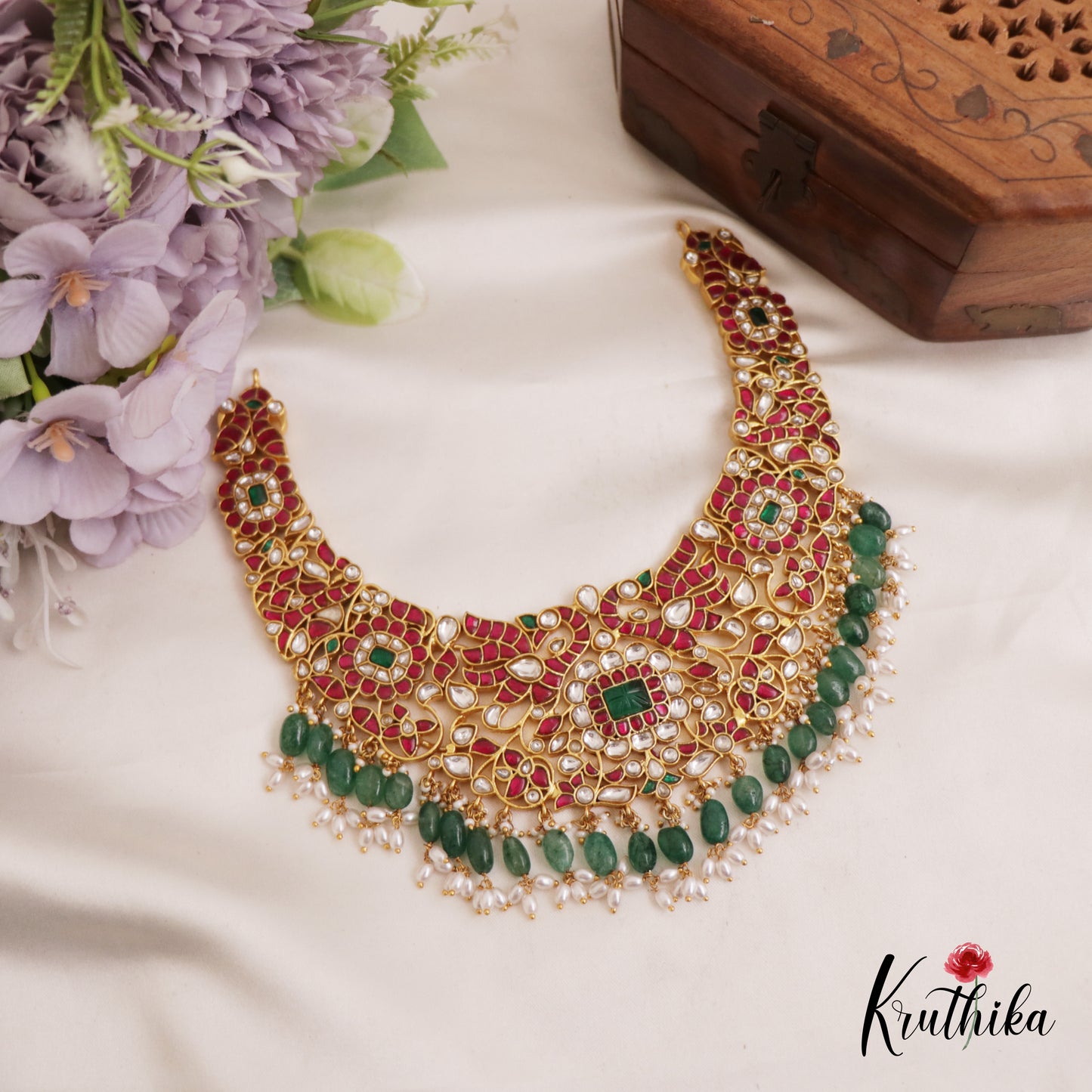 Gorgeous Floral Peacock Jadau Guttapoosalu Choker With Green Bead Drops NC2739