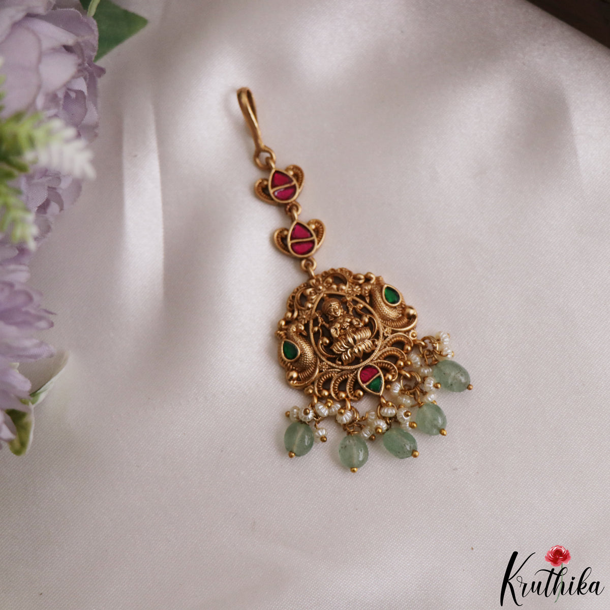 Classic Antique Lakshmi Peacock Motifs Jadau Maang Tikka With Pearl Bead Drops MT402 (Available In 4 Colors)