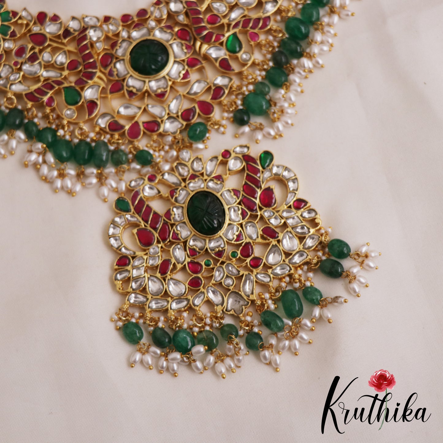 Stunning Floral Peacock Motifs Guttapoosalu Jadau Necklace With Green Bead Drops NC2883
