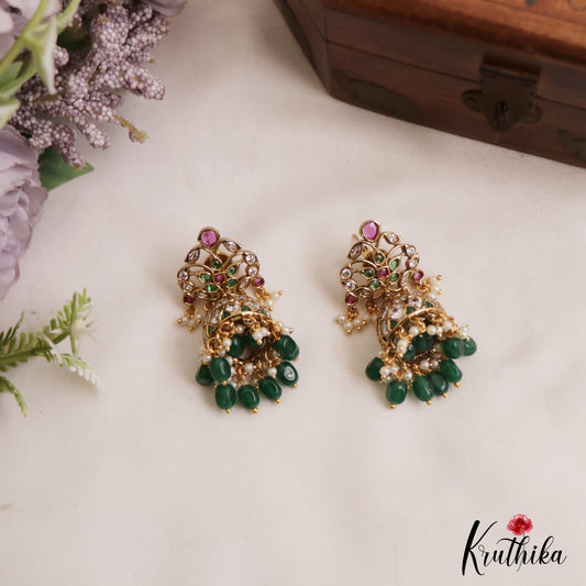 Classic Leaf Motifs Kemp Jhumkas With Pearl Bead Drops E1129 (Available In 2 Colors)