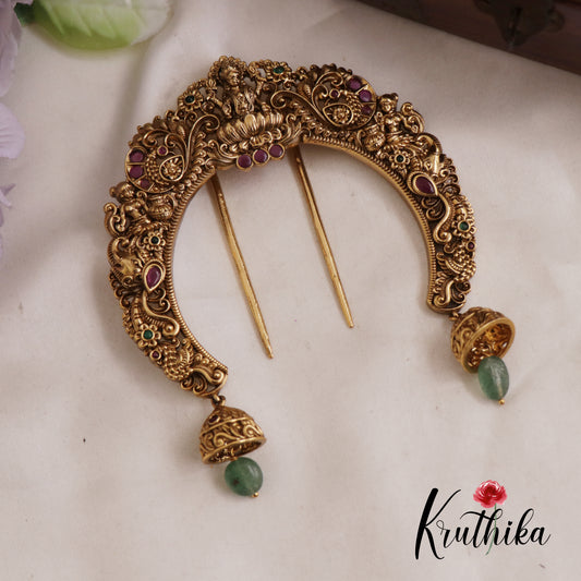 Gorgeous Kemp Antique Lakshmi Peacock Motifs Jada Billa With Jhumka Bead Drops J295