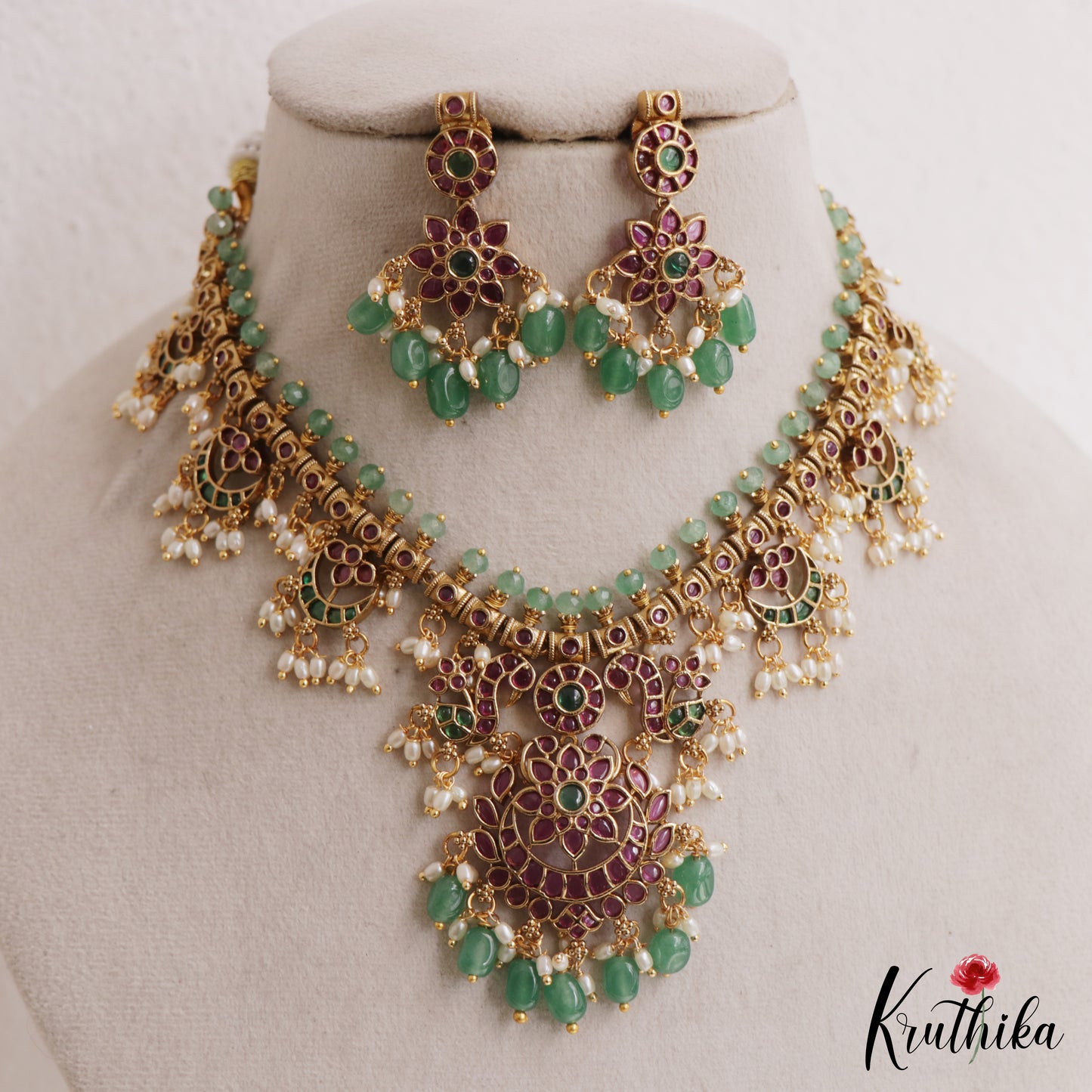 Premium Floral Peacock Motifs Jadau Necklace With Green Bead Drops NC3132 (Available In 2 Colors)