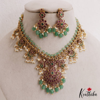 Premium Floral Peacock Motifs Jadau Necklace With Green Bead Drops NC3132 (Available In 2 Colors)