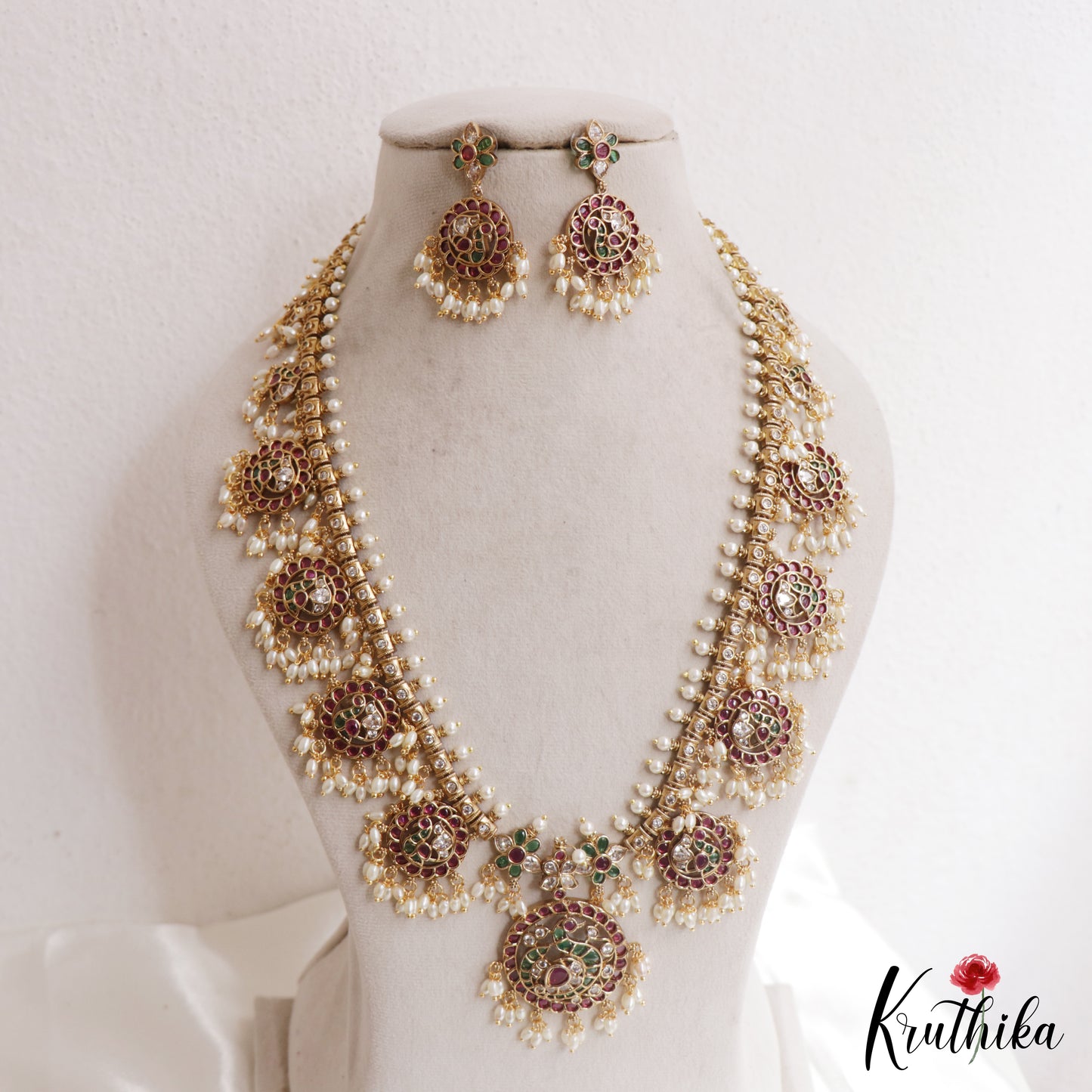 Stunning Peacock Floral Motifs Jadau Haaram With Rice Pearl Drops LH2162