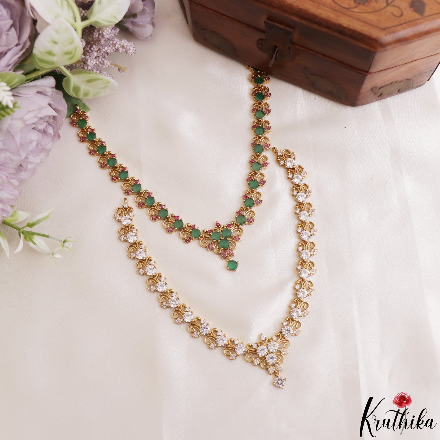 Elegant Floral Motifs Gold-Tone CZ Necklace NC3224 (Available In 3 Colors)